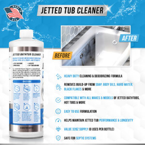 Jetted tub cleaner for deep cleaning and deodorizing of bathtubs.